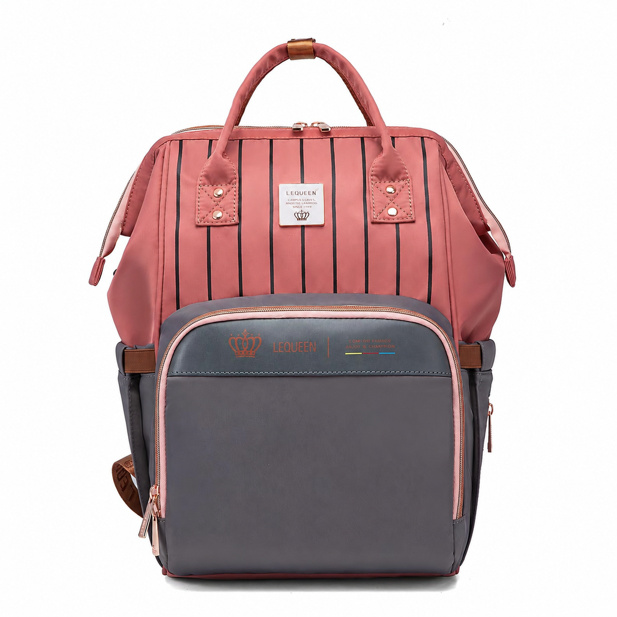 LEQUEEN Gen 8 Classic Diaper Backpack - Coral Pinstripe with Grey Base