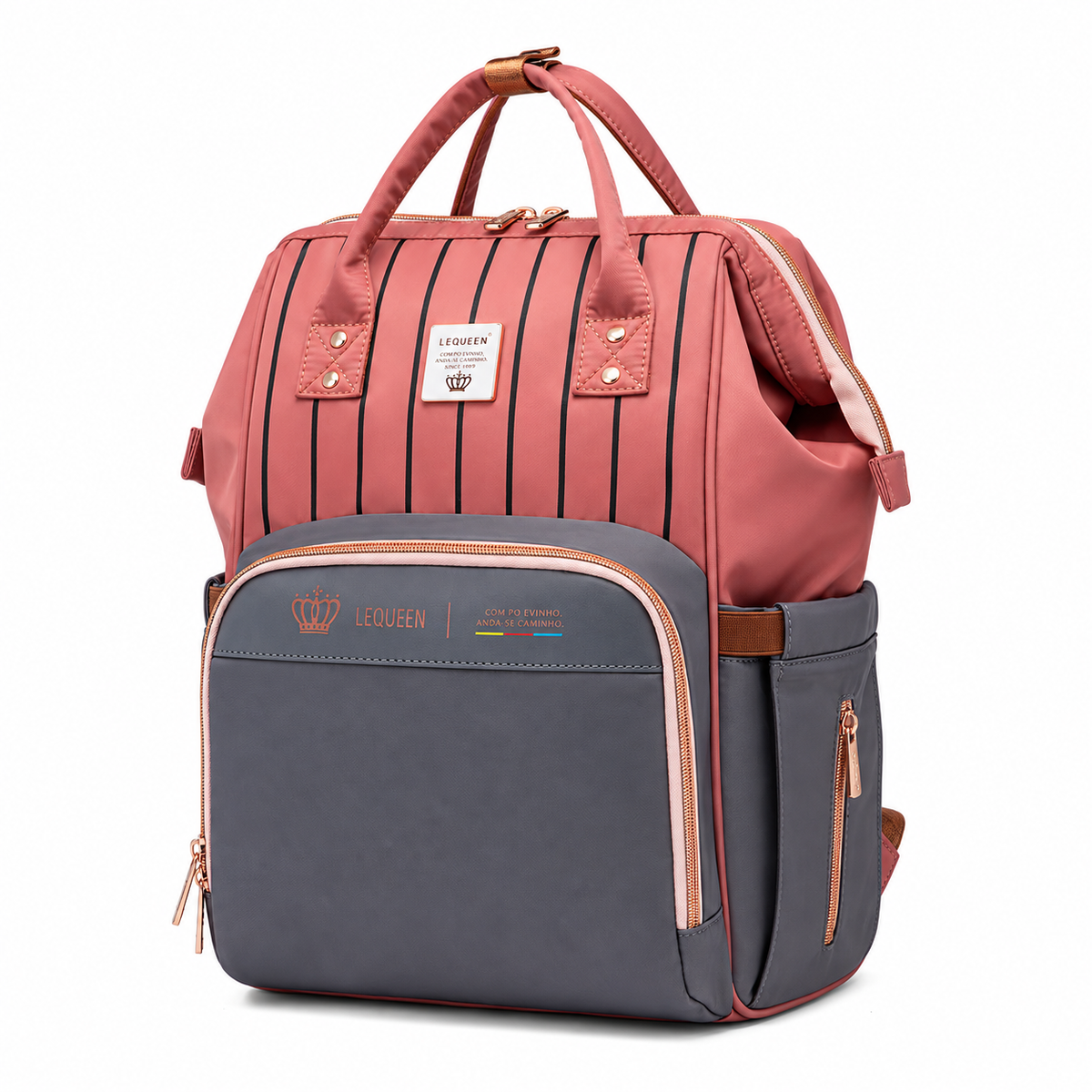 LEQUEEN Gen 8 Classic Diaper Backpack - Coral Pinstripe with Grey Base