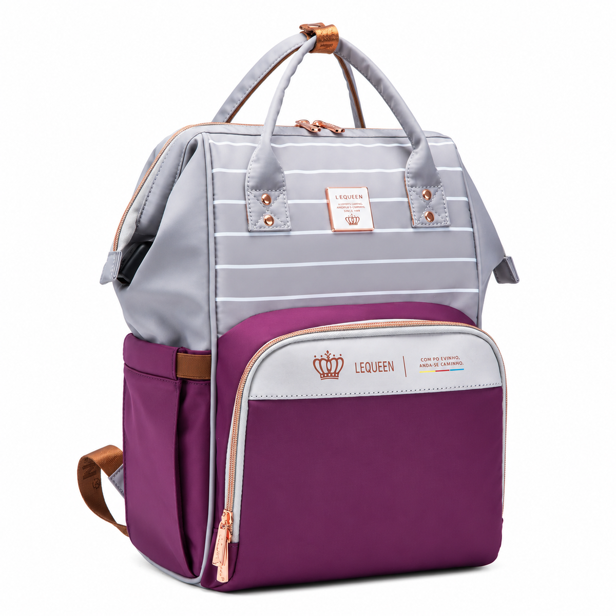 LEQUEEN Gen 8 Classic Diaper Backpack - Grey Pinstripe with Purple Base