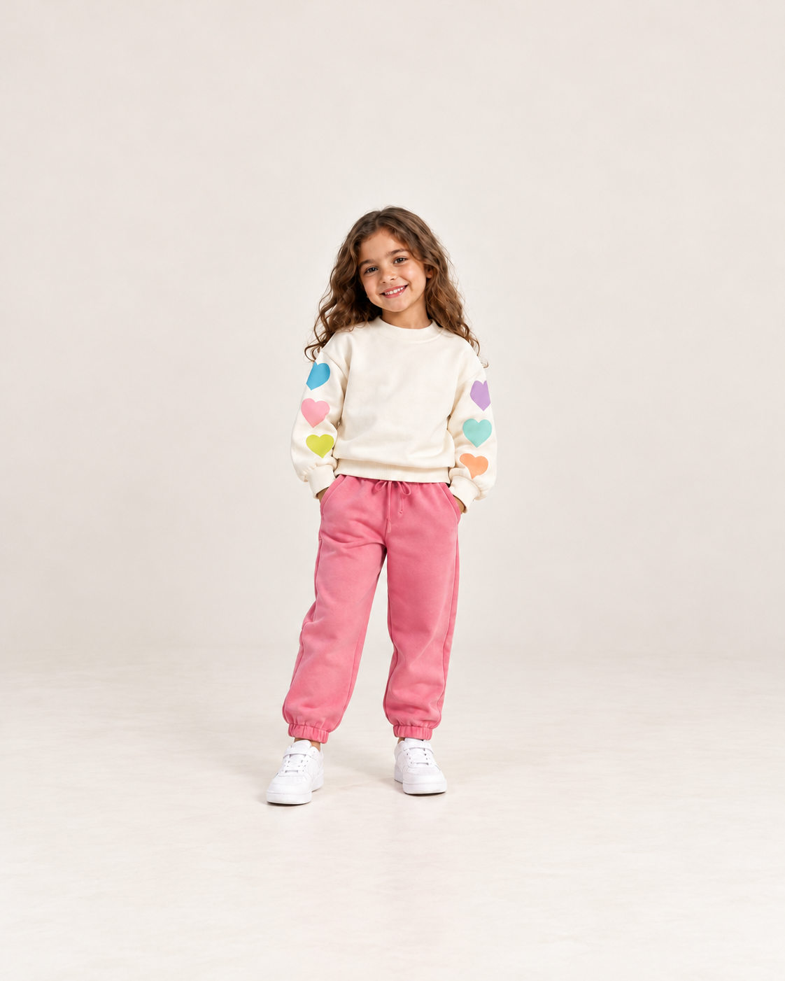 Girls' Heart Sleeve Sweat Set - Cream & Pink