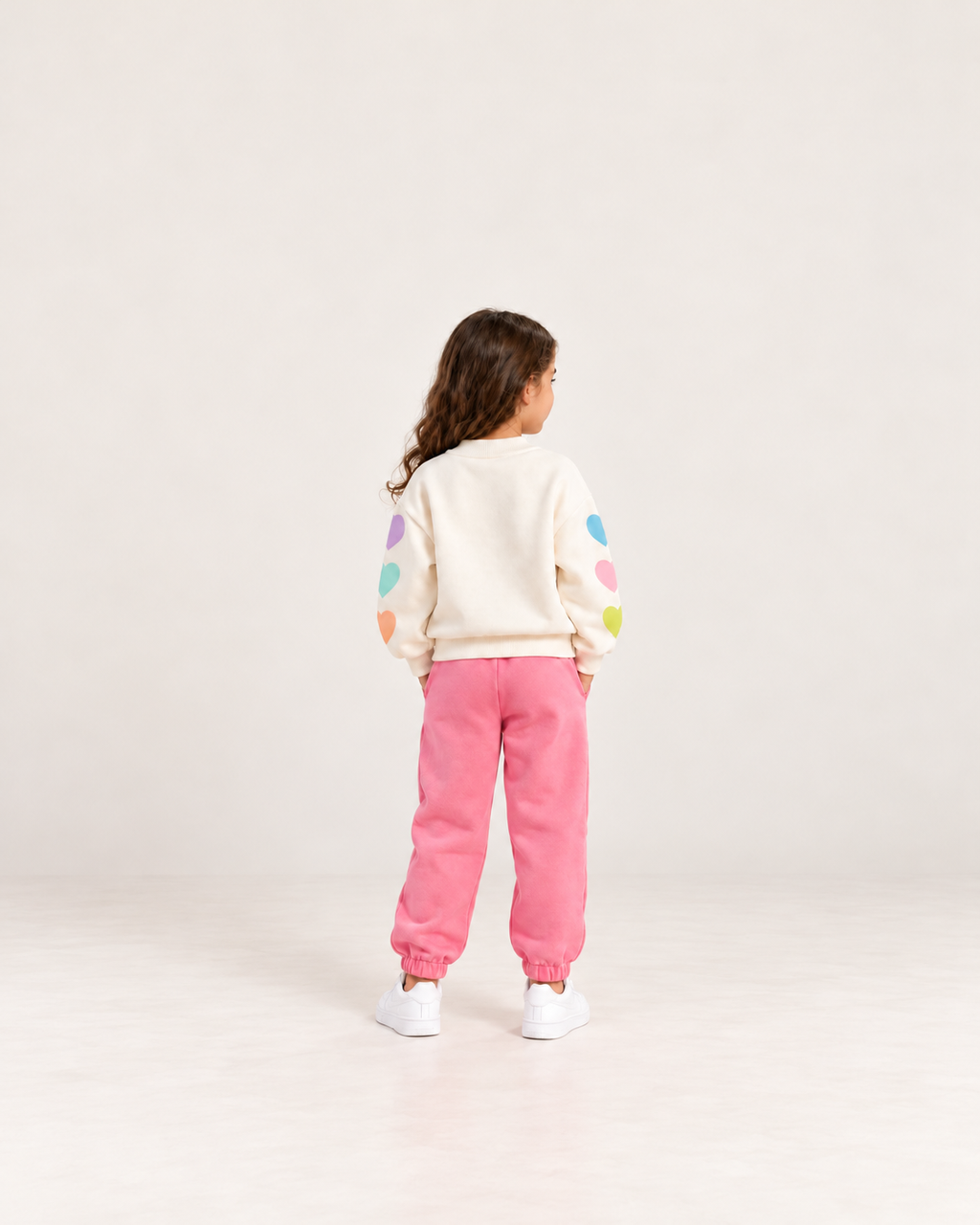 Girls' Heart Sleeve Sweat Set - Cream & Pink