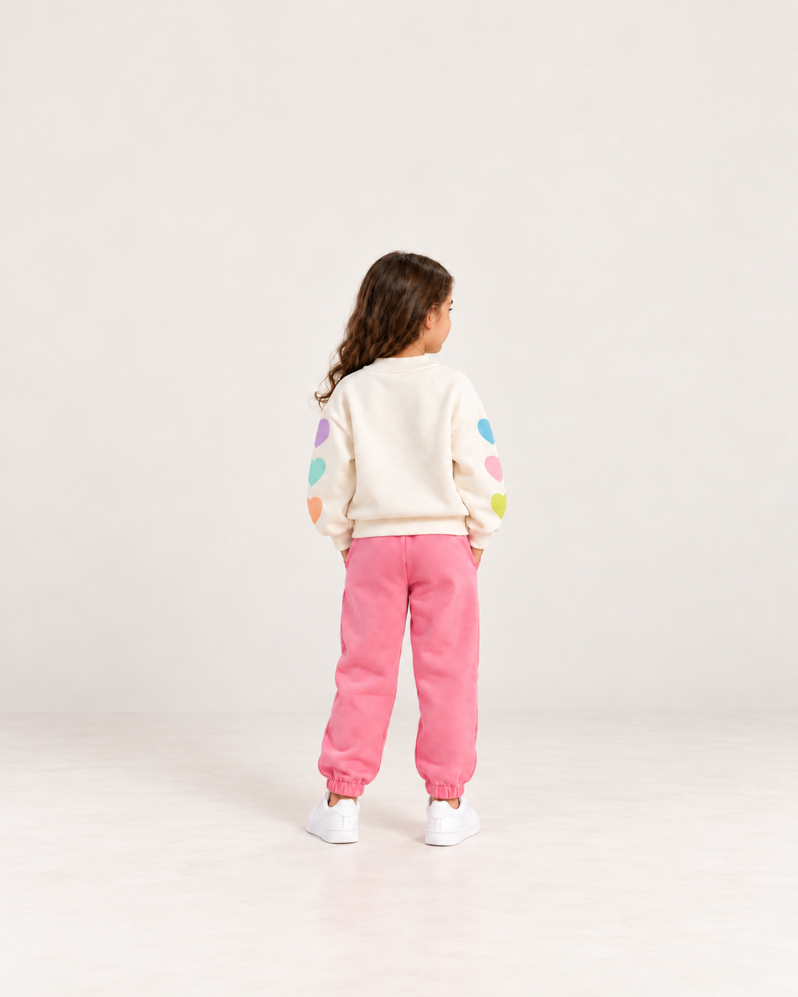 Girls' Heart Sleeve Sweat Set - Cream & Pink