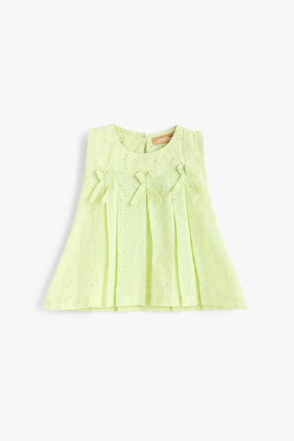 Pleated Broderie Anglaise Top with Bow Detail - Soft Lime