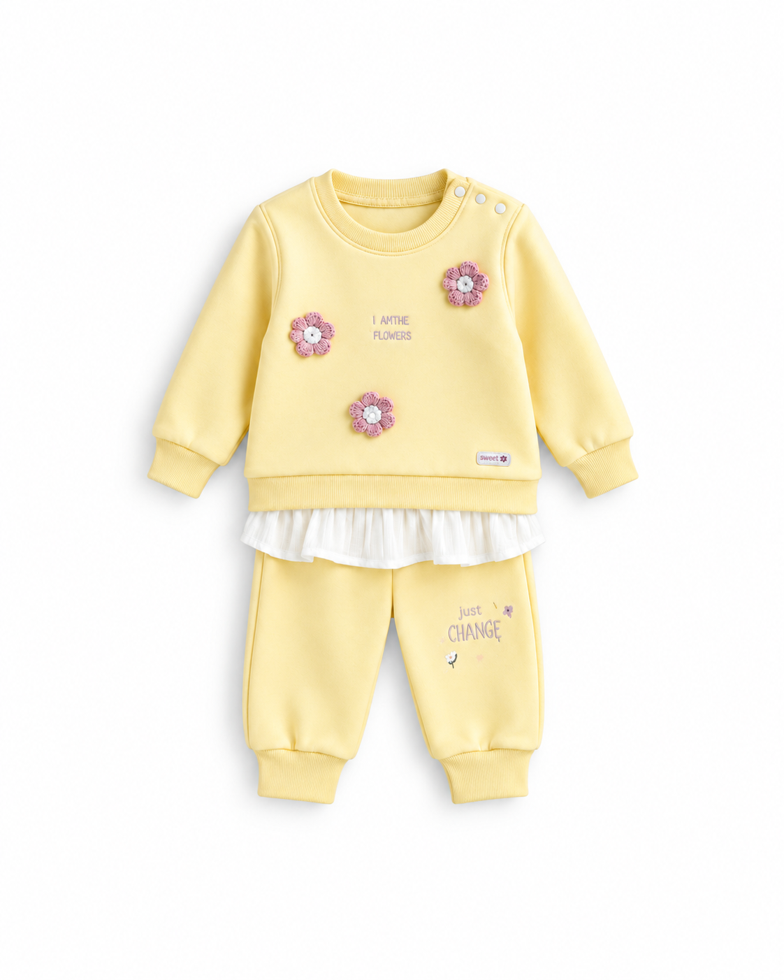 Girls' Crochet Flower Tulle-Hem Fleece Set - Yellow
