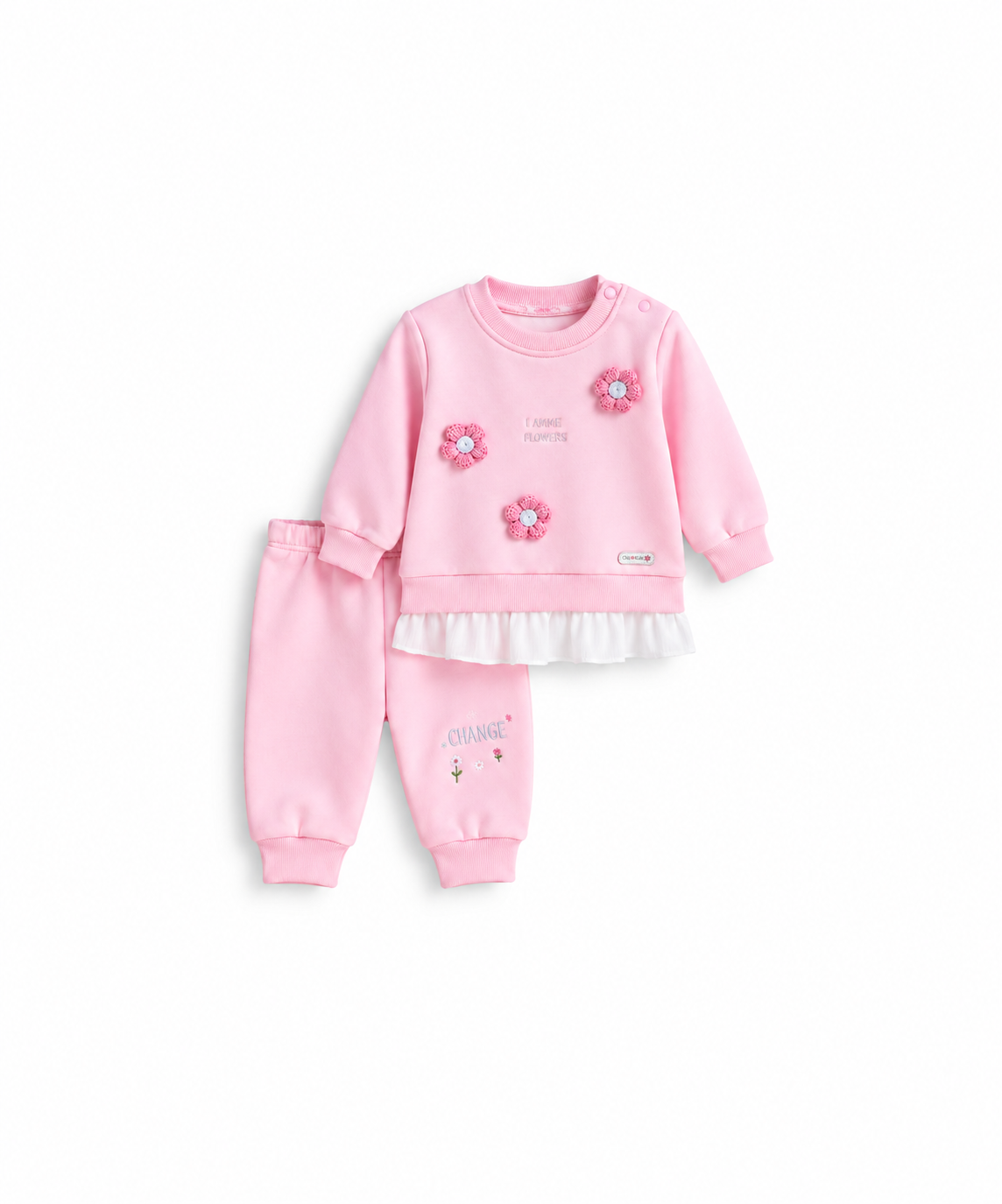 Girls' Crochet Flower Tulle-Hem Fleece Set - Pink