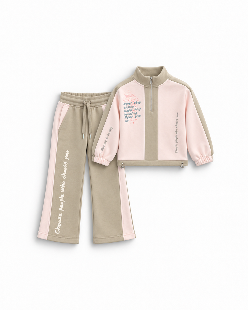 Girls' Half-Zip Colour-Block Flared Set - Taupe