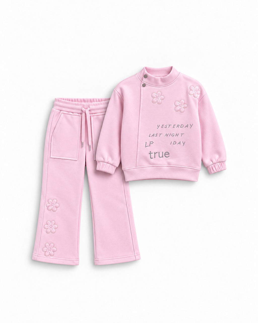 Girls' Embossed Flower Mock-Neck Flared Set - Pink