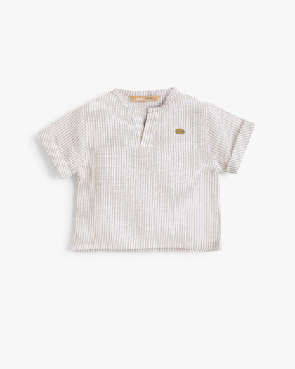 Junior Boys Striped Mandarin Collar Short Sleeve Shirt