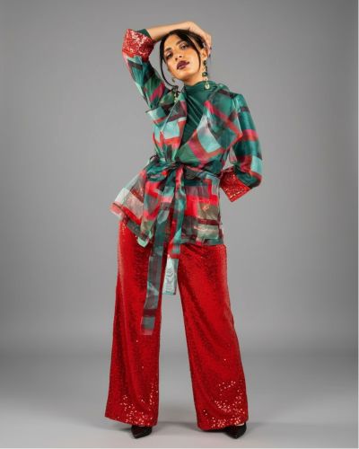 Printed Floral Blazer & Red Flared Pants Set
