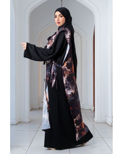 (Huda Set) Elegant Three-Piece Abaya with Satin Cardigan