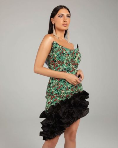 Green Sequin Mini Dress with Black Feather Hem