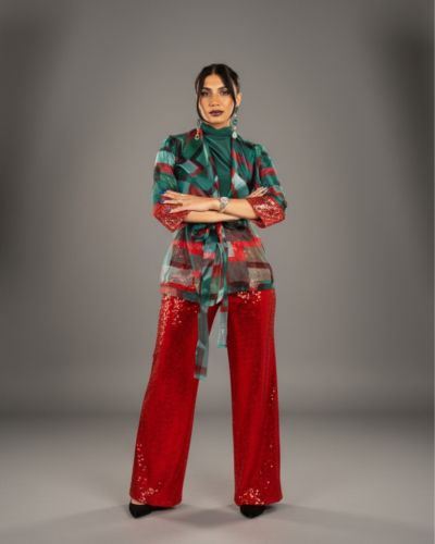 Printed Floral Blazer & Red Flared Pants Set