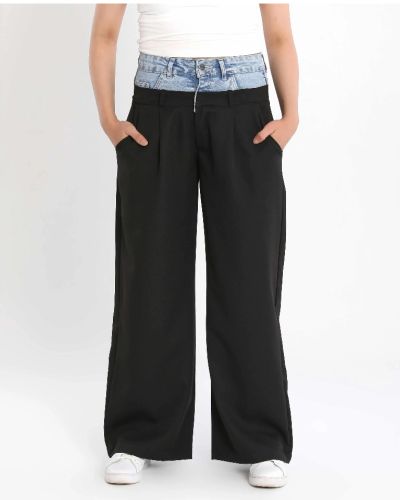 Women’s Wide-Leg Street Style Pants with Denim Waistband