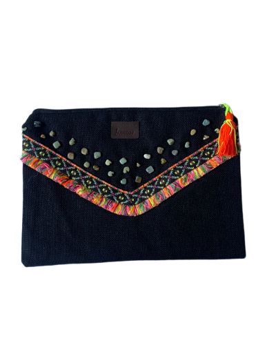 Decorative Clutch Bag with Lace Trim and Beads, Fringe Detail