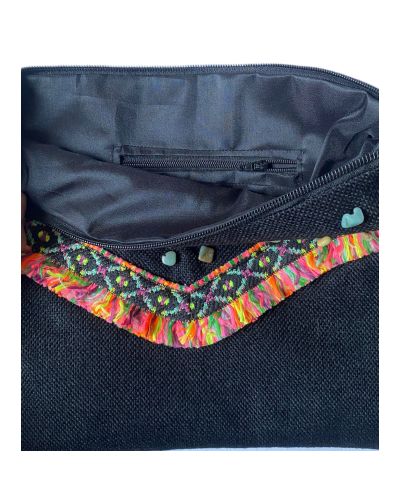 Decorative Clutch Bag with Lace Trim and Beads, Fringe Detail