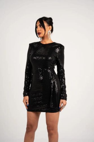 Shiny Tinsel Black Dress-Black-S