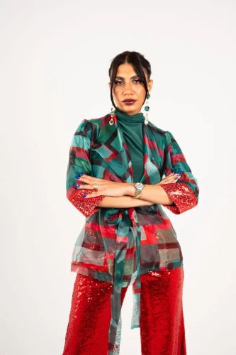 Green Organza Belted Jacket-Green-S