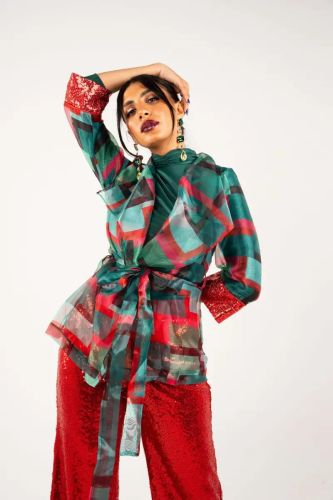 Green Organza Belted Jacket-Green-S