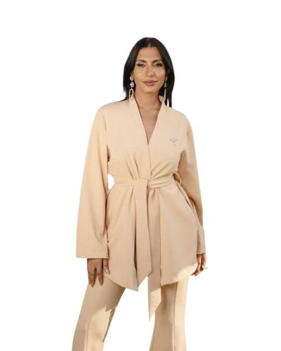 Beige Longline Belted Blazer
