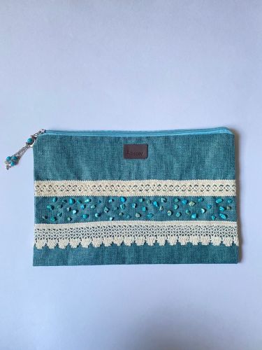 Decorative Clutch Bag, Teal Linen with Lace Trim and Turquoise Beads, Fringe Detail