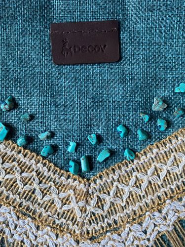 Decorative Clutch Bag, Teal Linen with Lace Trim and Turquoise Beads, Fringe Detail
