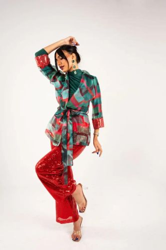 Red Sequin Pants-Red-S