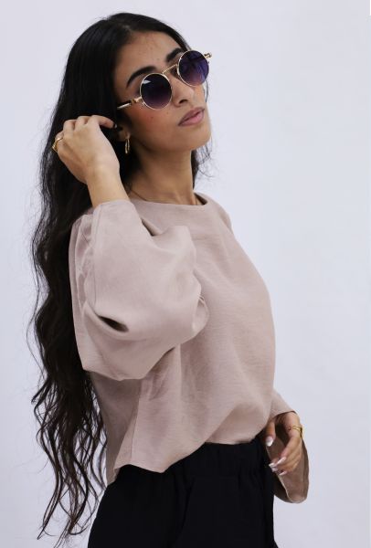 Sahara Breeze Sleeved Beige Crop Top-S