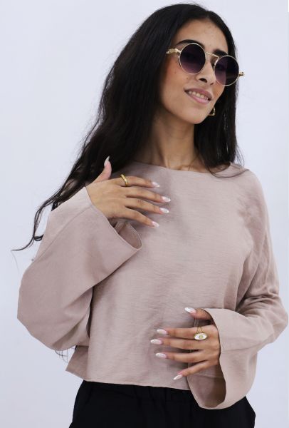 Sahara Breeze Sleeved Beige Crop Top-S