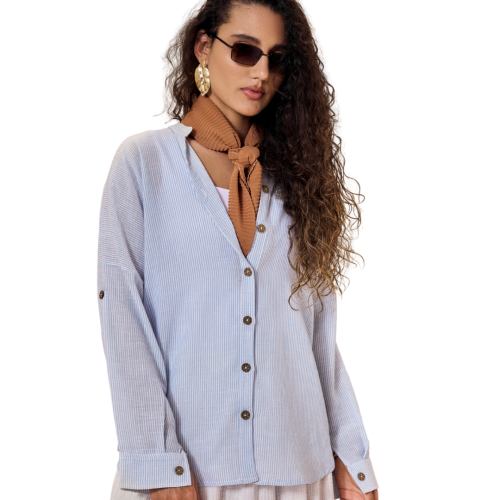 Striped Light Blue Linen Shirt-Turquoise-S