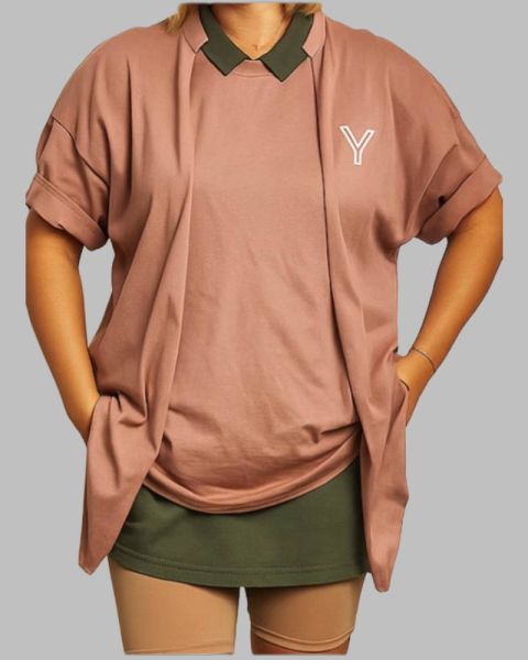 Oversized Graphic Tee with Front Y Logo-Brown-S/M