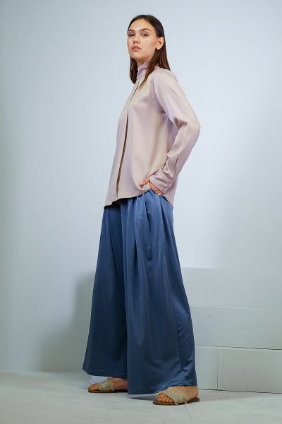 Satin wild leg pants-Blue-S