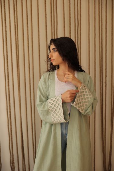 Hand-made Sleeve Crinkle Cardigan-Mint-One Size