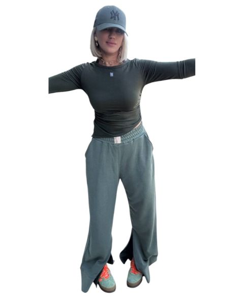 Wide-Leg Split Hem Pants -Olive-S/M