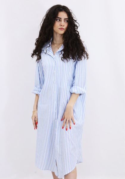 Sky Blue Striped  Oversized Shirt Dress