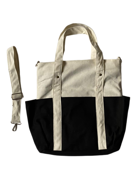 Canvas Tote Bag, Two-Tone Colored and Detachable Strap-Black