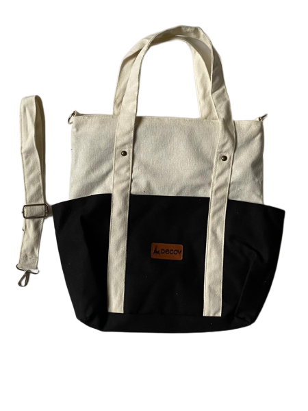 Canvas Tote Bag, Two-Tone Colored and Detachable Strap-Black