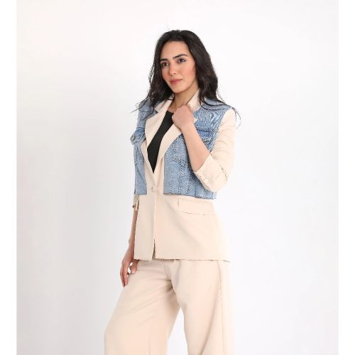 Denim Accented Blazer-Beige-S