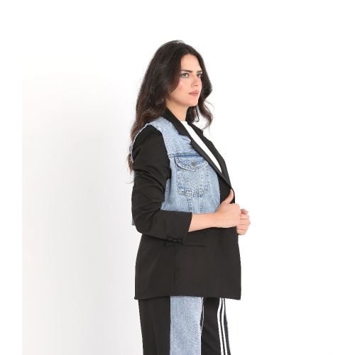 Denim Accented Blazer-Black-S