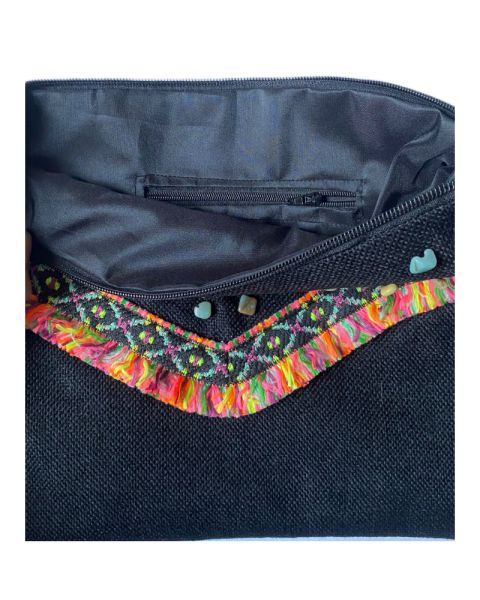 Decorative Clutch Bag with Lace Trim and Beads, Fringe Detail
