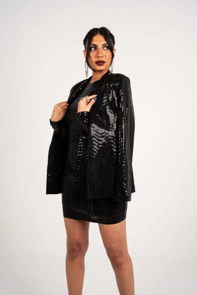 Shiny Tinsel Black Blazer-Black-S