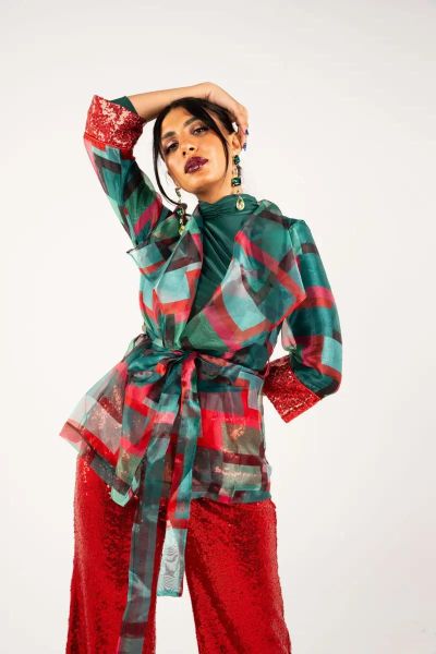 Green Organza Belted Jacket-Green-S