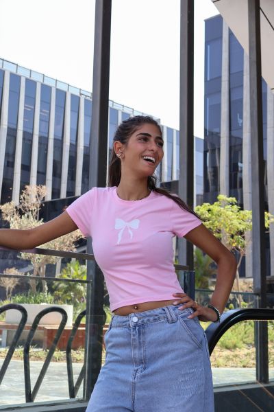 Printed pink bow top-S