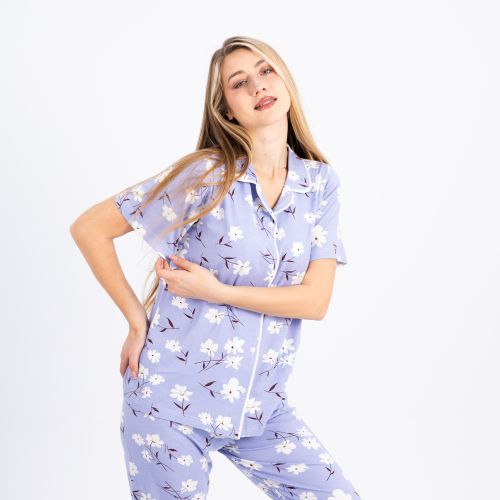 Classic Half-Sleeve Cotton Pajama Set-Purple-S