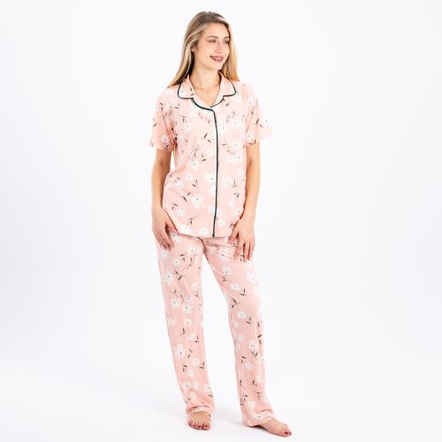 Classic Half-Sleeve Cotton Pajama Set-Pink-S