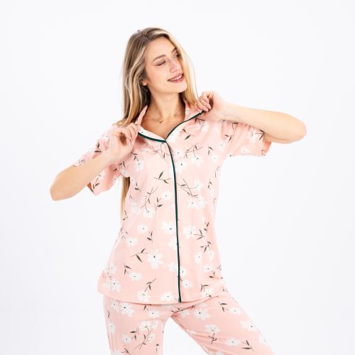 Classic Half-Sleeve Cotton Pajama Set-Pink-S