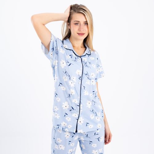 Classic Half-Sleeve Cotton Pajama Set-baby blue-S