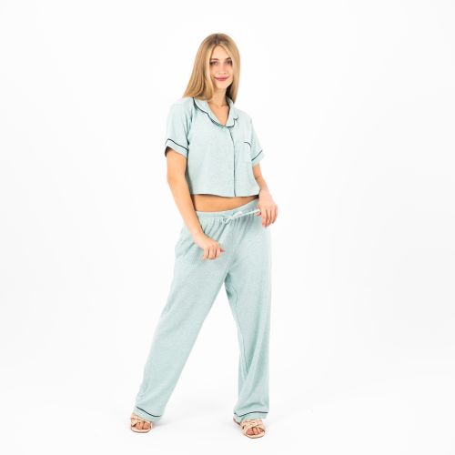 Elegant Buttoned Cotton Pajama Set-Green-XS