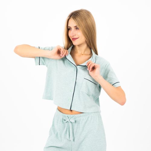 Elegant Buttoned Cotton Pajama Set-Green-XS