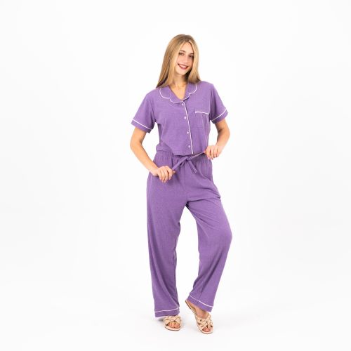 Elegant Buttoned Cotton Pajama Set-Purple-XS