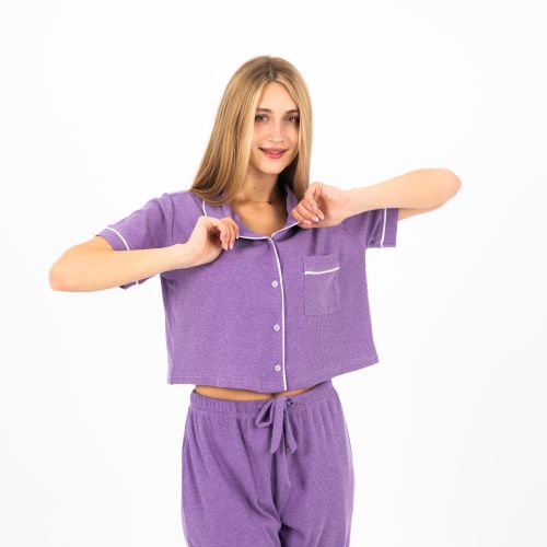 Elegant Buttoned Cotton Pajama Set-Purple-XS